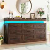 Hlivelood Large Farmhouse 9 Drawers Dresser for Bedroom with LED Light and Power Outlets,63" Wide Wood Rustic 9 Chests of Drawers for Closet,Tall Storage Dresser Organizer for Bedroom(Antique Brown) Hlivelood