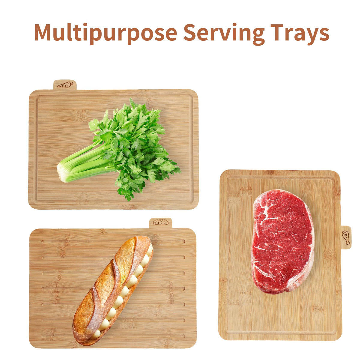 Fiery Chef Bamboo Cutting Board Set of 4 - Wood Cutting Board Set with Holder, Chopping Boards Set with Food Icons, Juice Groove - Ideal for Meat, Fish, Bread, Vegetable, Fruit Chopping Fiery Chef