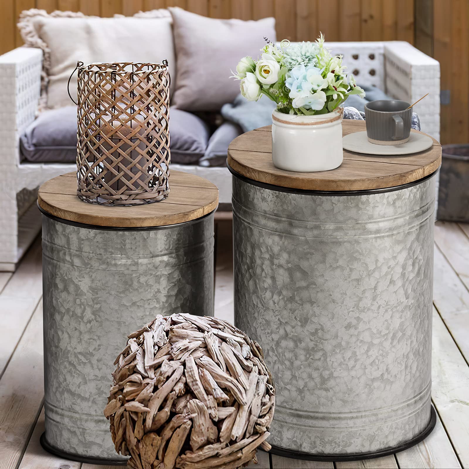 oneinmil Rustic End Table with Storage Bins Farmhouse Furniture Galvanized Metal Stool Ottoman Seat with Round Wood Lid Set of 2 - WoodArtSupply