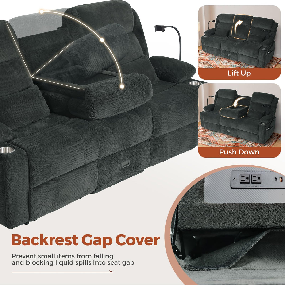 ABCASA 3 Seater Recliner Sofa, Manual Reclining Couch with Flip Middle Backrest, Phone Holder, Side Pocket, Drawer, Power Outlet, Reclining Sleeper for Living Room, Home Theater & RV (Textile - Gray) ABCASA