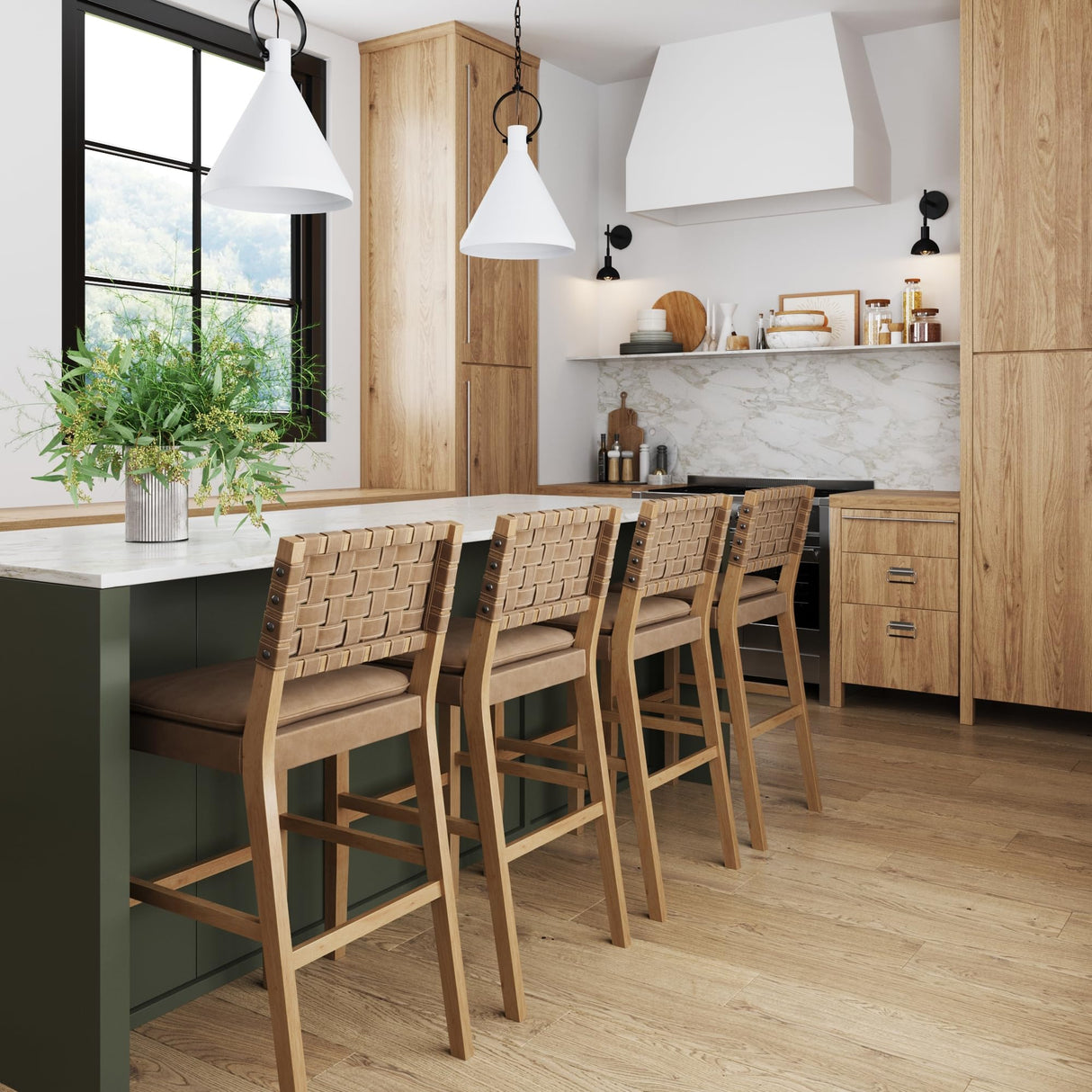 Nathan James Cohen Mid-Century Modern 29 in. Wood Bar Stool, Upholstered Faux Leather Bar Height Stool with Solid Wood Frame, Natural Brown Nathan James