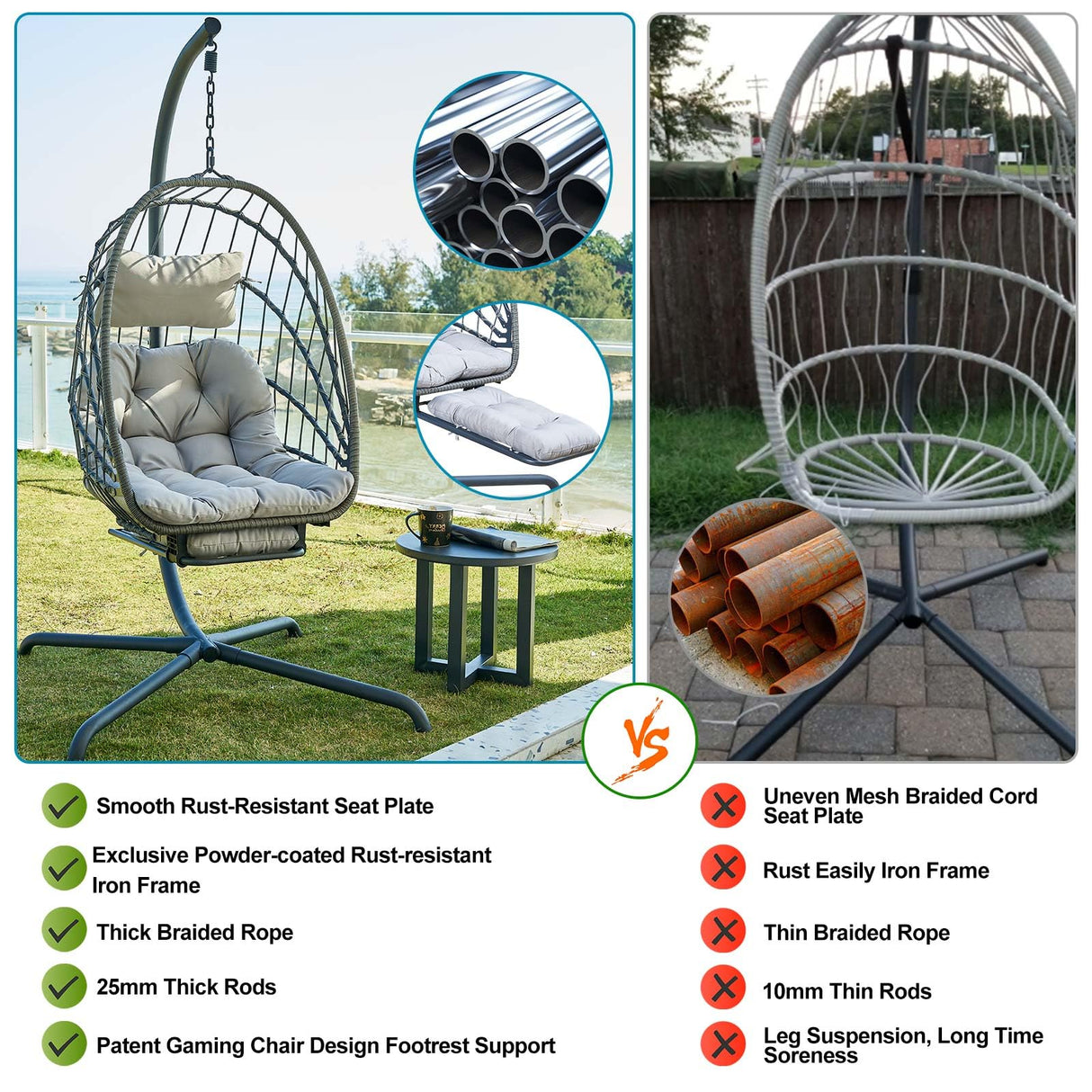 Hanging Egg Chair with Stand and Leg Rest – Rattan Wicker Swing Hammock Chair, UV-Resistant Cushion, Heavy-Duty Frame for Indoor & Outdoor Patio, Bedroom, Balcony, Garden – 330 lbs Capacity. Outlux