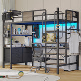 Twin Loft Bed with Desk and 5 Storage Drawers,Loft Bed Twin Size with LED Lights and Charging Station, Metal Bunk Bed Frame with Ladder, Clothes Rail,Noise Free,Oak Gray Dnxao