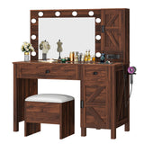 YITAHOME Farmhouse Vanity Makeup Desk with Charging Station, Large Vanity Desk with Lights Mirror and Drawers for Makeup, Modern Vanity Table Set with Vanity Stool for Bedroom, Rustic Brown YITAHOME