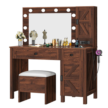 YITAHOME Farmhouse Vanity Makeup Desk with Charging Station, Large Vanity Desk with Lights Mirror and Drawers for Makeup, Modern Vanity Table Set with Vanity Stool for Bedroom, Rustic Brown