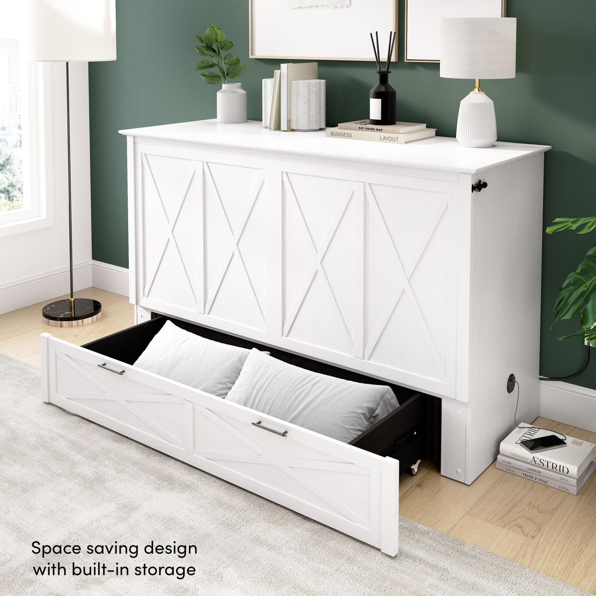 Bestar Murphy Cabinet Bed 65-inch Queen with Pullout Drawer for Bedroom, Guestroom, Key West Collection, Modern, White Bestar