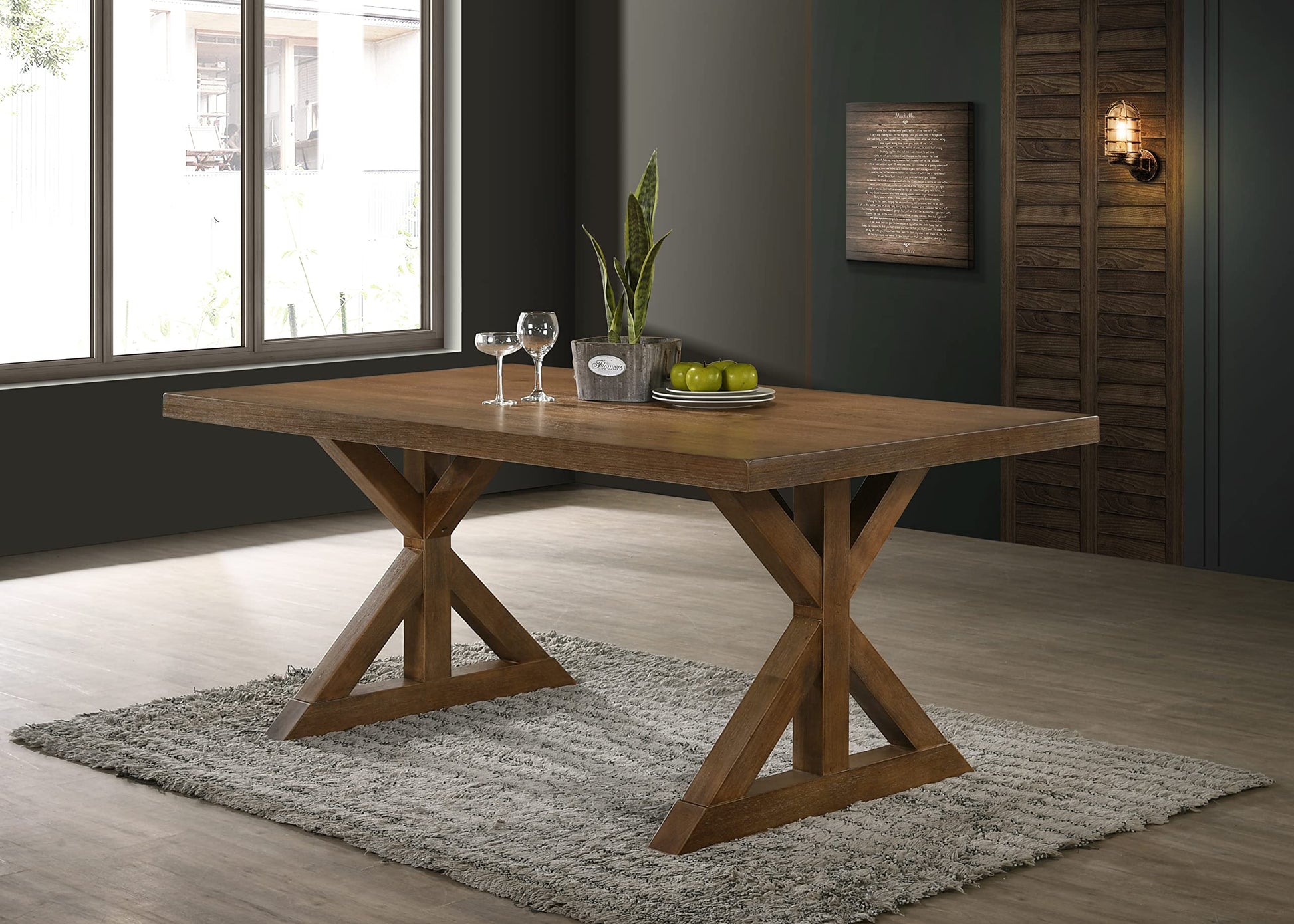 Roundhill Furniture Enna Morden Farmhouse Wood Trestle Dining Table, Brushed Driftwood - WoodArtSupply