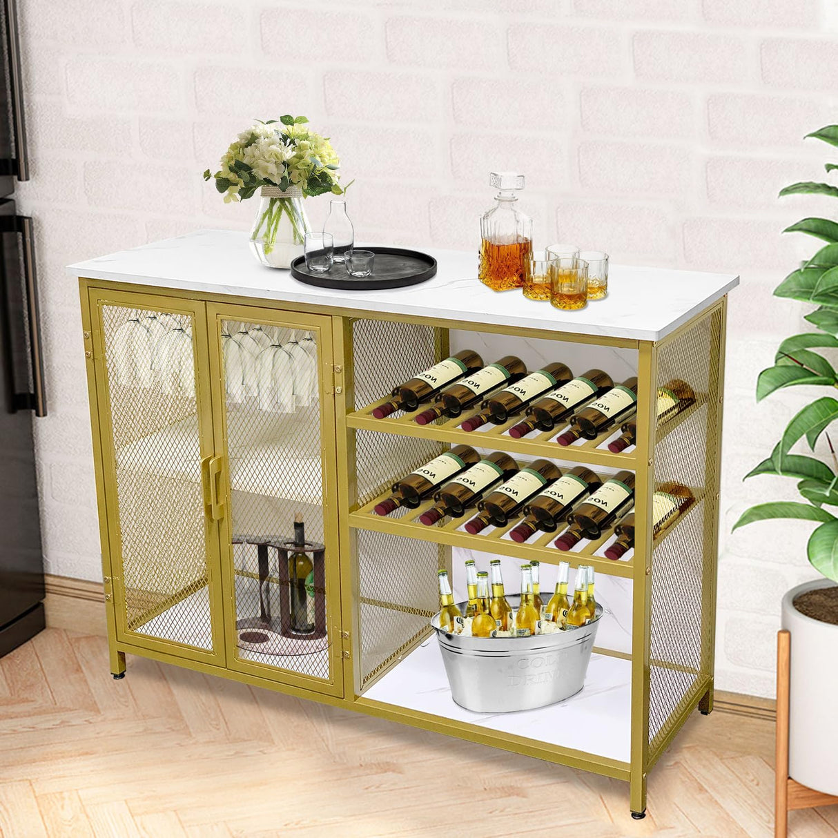 AT-VALY Bar Cabinets with Wine Rack and Glass Rack,Small Sideboard and Buffet Cabinet with Mesh Doors (Gold) AT-VALY