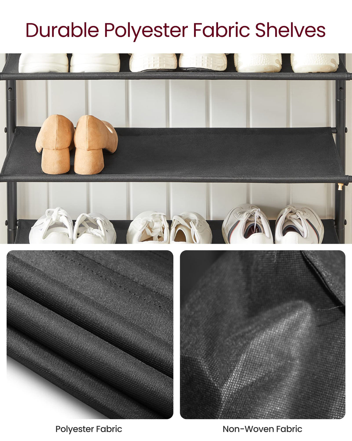 VASAGLE Shoe Rack, 5-Tier Shoe Storage Organizer for Entryway and Closet, Holds 12-16 Pairs of Shoes, 4 Fabric Shelves, Steel Frame, Industrial, Rustic Brown and Black ULBS036B01 VASAGLE