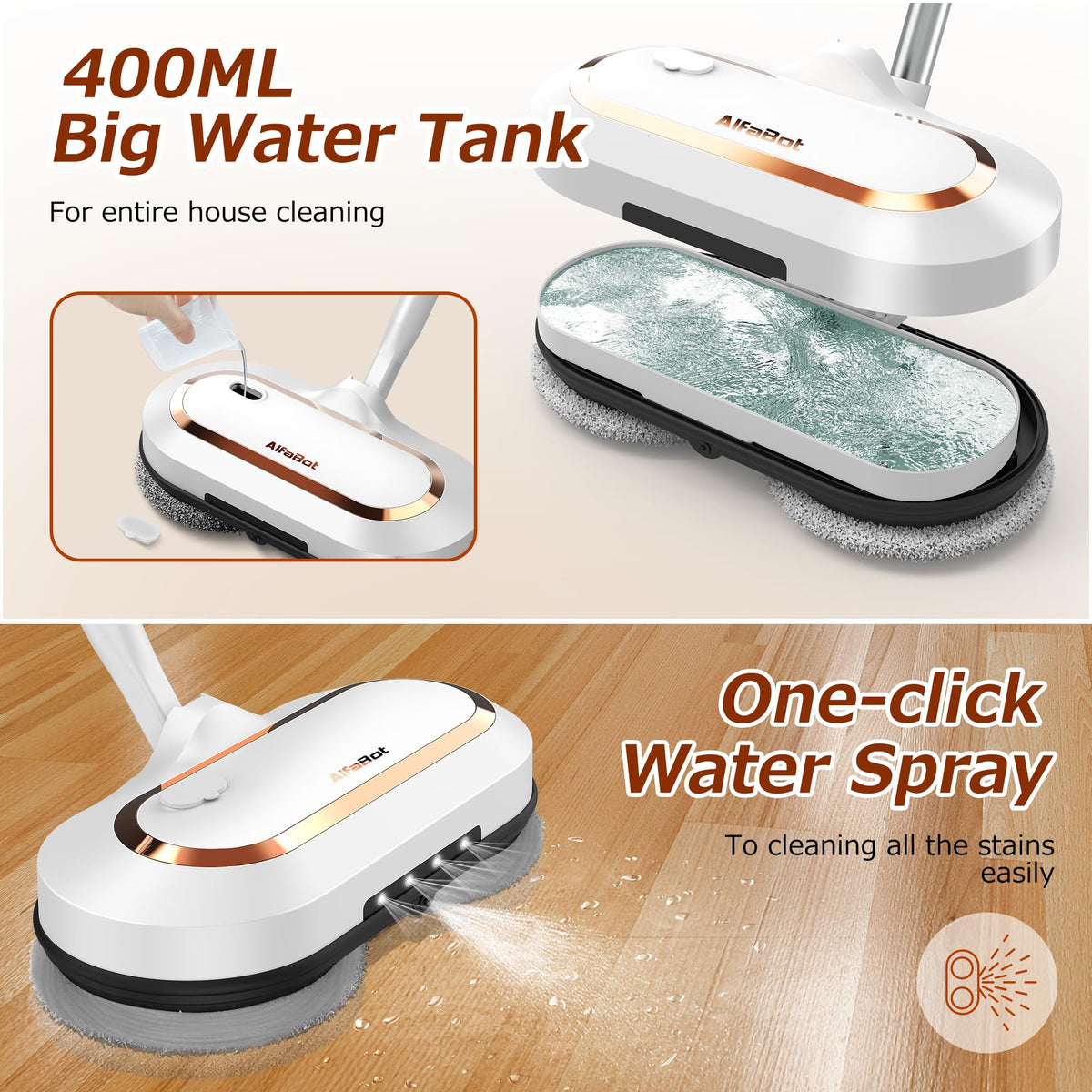 Electric Mop, AlfaBot S2 Cordless Spin Mop for Floor Cleaning, with LED Headlight and Sprayer/400ML Big Tank/60 Mins Runtime, Lightweight Floor Scrubber for Hardwood Floors, Tile, Laminate AlfaBot