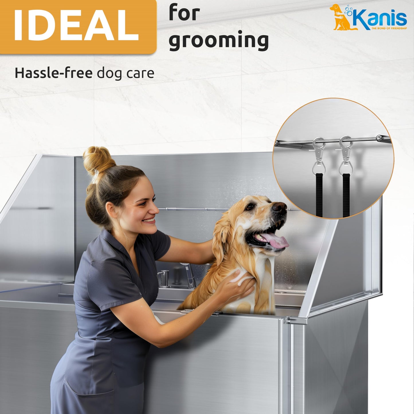 KANIS Professional Stainless Steel Dog Bathing Station - Dog Grooming Tub w/Ramp, Storage Drawer, Floor Grate & Faucet/Dog Bathtub for Large, Medium & Small Pets (61", Right RAMP - 1 Drawer)