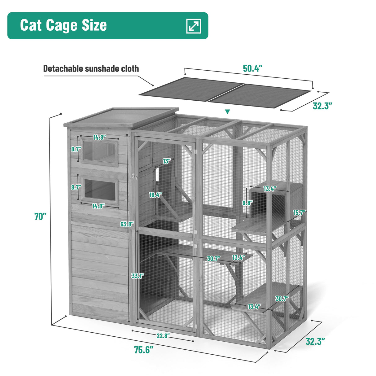 Large Outdoor Cat Catio Enclosure with Weatherproof Roof, Sunshade, and Multiple Play Areas - 4 Tiers, 1 Resting Rooms, 4 Platforms, 5 Windows - 75.6" L x 32.3" W x 70" H GRTRE