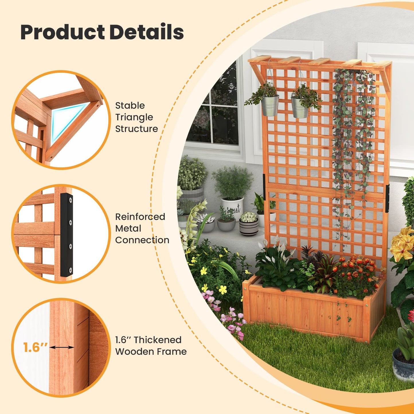 Giantex Raised Garden Bed with Trellis & Roof, 72.5" Wooden Garden Bed, High Trellis for Plant Flower Climbing Pot Hanging, Indoor & Outdoor Planter Box for Yard, Garden, Balcony