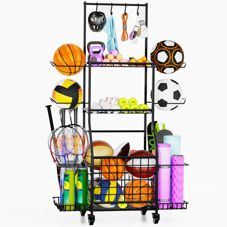 cutefafa Sports Equipment Storage for Garage, Ball Rack Sports Organizer Multi Tier Rolling Ball Storage Cart Outdoor Organizer with Wheels for Toys, Sport Gear cutefafa
