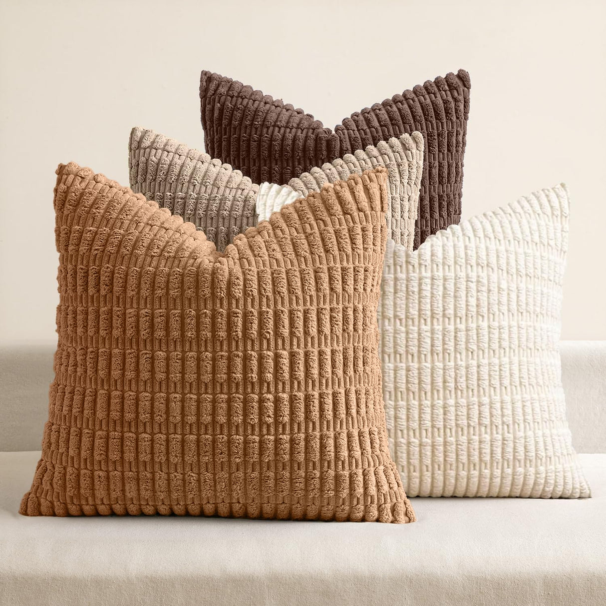 MIULEE Pack of 4 Neutral Corduroy Decorative Throw Pillow Covers 18x18 Inch for Sofa Living Room Couch Bed Rustic Farmhouse Boho Soft Striped Pillow Covers Home Decor Brown MIULEE
