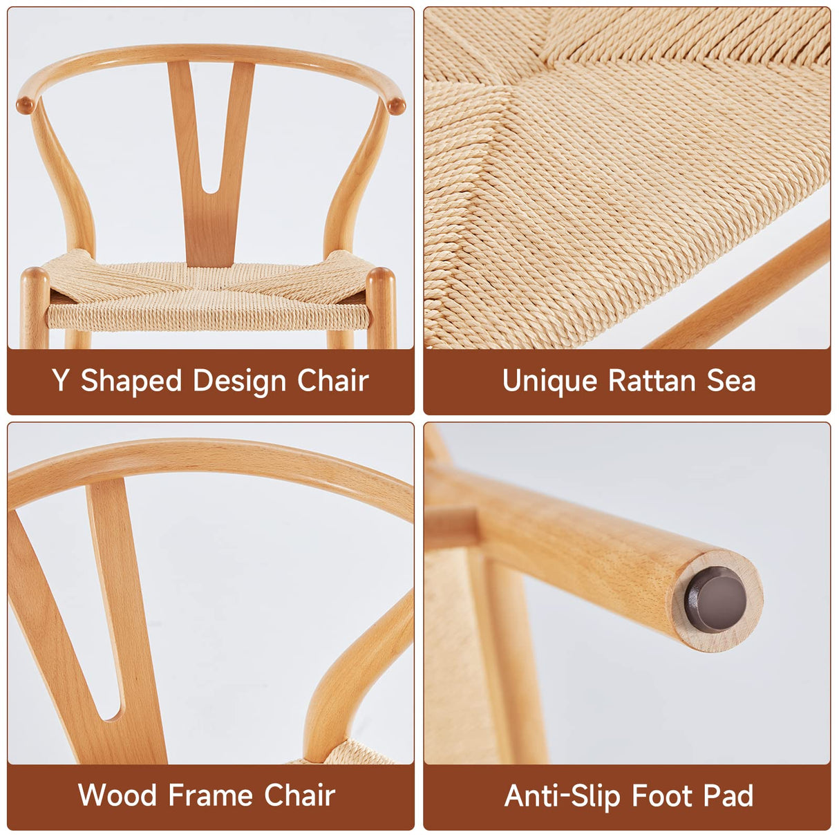 Farini Rattan Chairs for Dining Room Wishbone Chair Solid Wood Armchairs Y Shaped Backrest Hemp Seat for Home Restaurant Fully-Assembled(Set of 2,Nature-Beige Seat) Farini