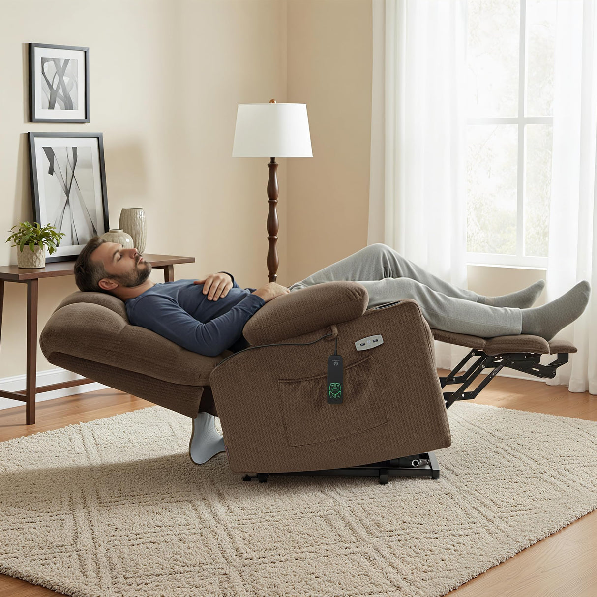 MCombo Dual Motor Power Lift Recliner Chair with Massage and Heat for Elderly People, Infinite Position, USB Ports, Cup Holders, Fabric 7679 (Medium, Brown) MCombo
