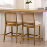 BESTANO Rattan Counter Stools Set of 4, 26 Inches Modern Counter Height Bar Stools Farmhouse Wooden Barstools with Back, Boho Linen Fabric Upholstered Kitchen Island Chairs, Cream BESTANO