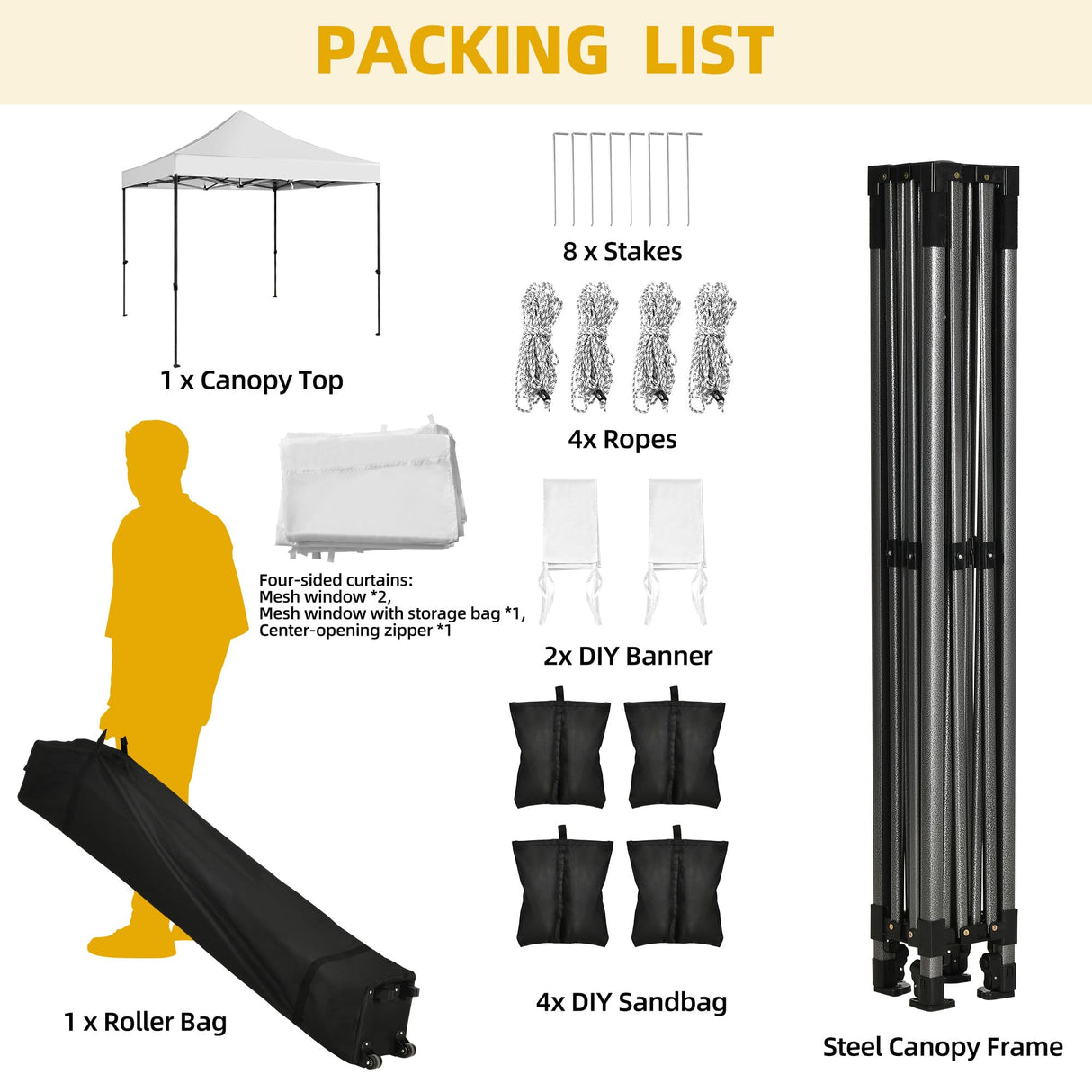 DWVO 10x10 Pop Up Heavy Duty Canopy Tent with 4 Removable Sidewall, 4 Ropes, 8 Stakes, 2 Blank Banners, 4 Sandbags & 1 Carry Bag with Wheel, Garden Gazebo Tent, Party, Exhibition, Commerce, White DWVO