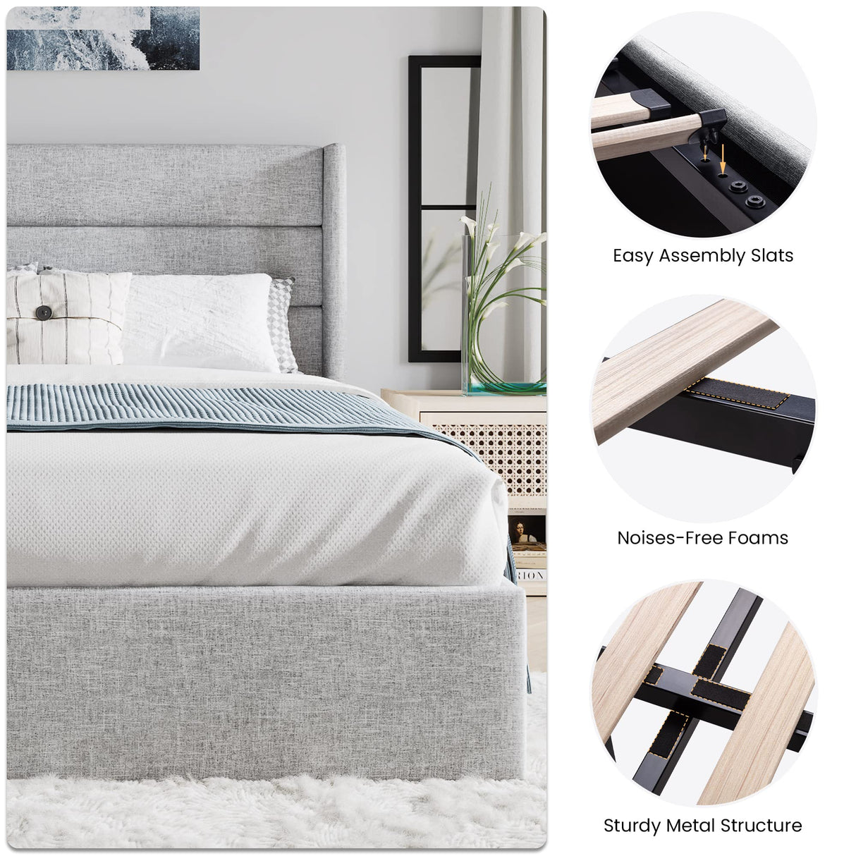 Queen Size Hydraulic Lift Storage Bed with Modern Wingback Headboard in Light Grey SHA CERLIN