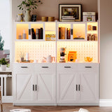 JDPAG LED Kitchen Pantry Cabinet with Outlets, Farmhouse Storage Cabinet with Drawers & Adjustable Shelves, Cupboard with Pegboard and Hooks for Dining Room (White), Large JDPAG