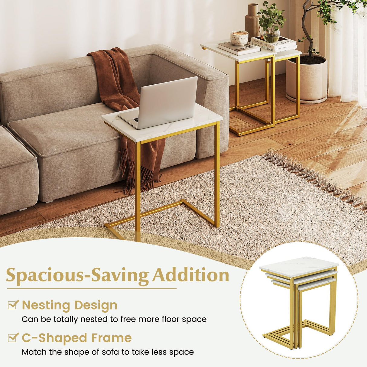Giantex Nesting Coffee Table Set of 3, Stackable Square End Table w/Faux Marble Tabletop & Heavy-Duty Metal Frame, Farmhouse C-Shaped Accent Table for Small Space, Living Room, Bedroom (White Gold) Giantex