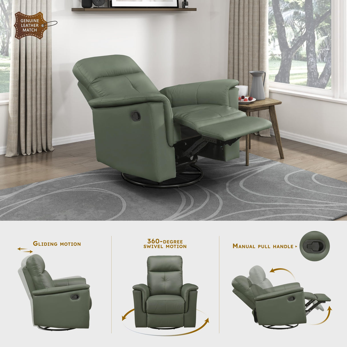 Lexicon Swivel Glider Recliner Chair, Comfy Nursery Glider, Top Grain Leather Match Recliner, Manual Reclining Chair for Living Room/Office/Apartment, Green Lexicon