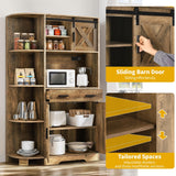 DWVO 67.3" Farmhouse Kitchen Pantry, Storage Cabinet Baker Rack with Power Outlet, Freestanding Hutch with Barn Door & Drawer, Buffet Sideboard with Microwave Stand for Dining Room, Rustic Brown DWVO