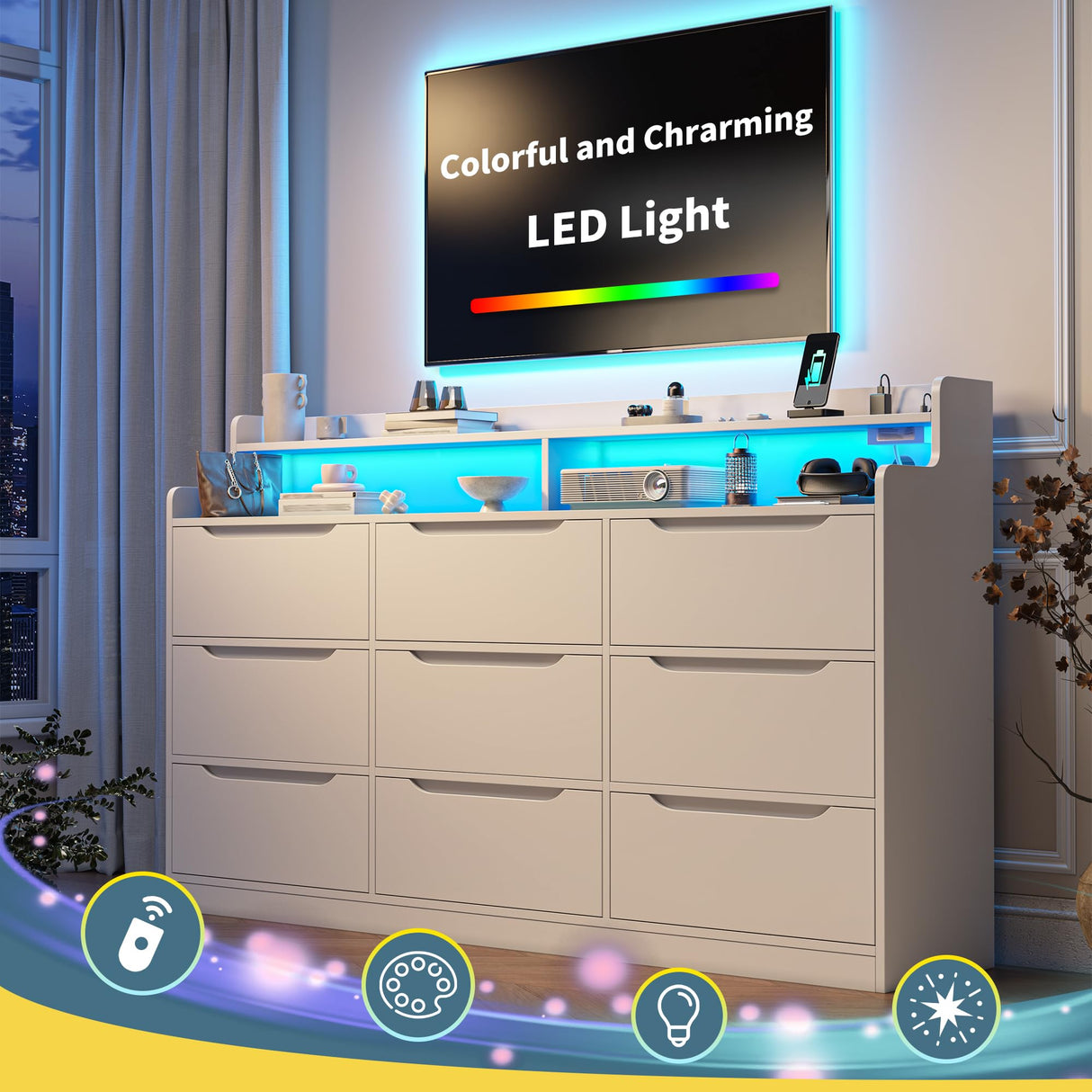 DurayLoly Modern Dresser for Bedroom with LED Light, 9 Drawer White Dresser with Charging, Wooden Chest of Drawers, Large TV Stand for Bedroom DurayLoly