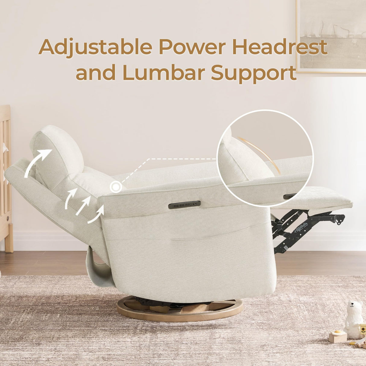 CHITA Power Recliner Chair, Electric Triple-Motor Swivel Glider Nursery Rocking Chair with Adjustable Power Headrest and Lumbar Support, GREENGARD Gold Certified, Solid Wood Base, Linen CHITA