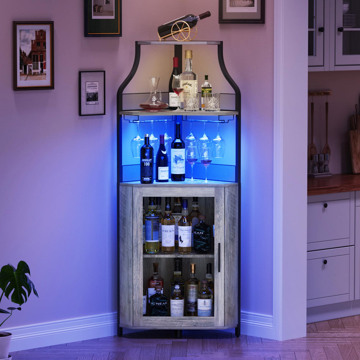 GAOMON Corner Bar Cabinet with LED Strip and Glass Holder, Industrial Wine Cabinet with Adjustble Shelf, 5-Tiers Liquor Cabinet Bar Cabinet for Home, Corner Display Cabinet for Small Space,Grey GAOMON