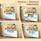 WLIVE White TV Stand for 55, 60, 65 inch TV, Entertainment Center with LED Lights & Charging Station, TV Media Console Table with 15 Fabric Drawers and Open Shelves for Living Room, Hallway, Wood Top WLIVE