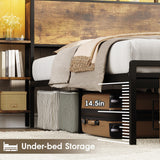 Maupvit Twin Bed Frame with 3-Tier Storage Shelves, Storage Drawer and Headboard, Twin Size Bed with Charging Station & LED Lights, Metal Platform Bed with Storage, No Box Spring Needed, Brown Maupvit