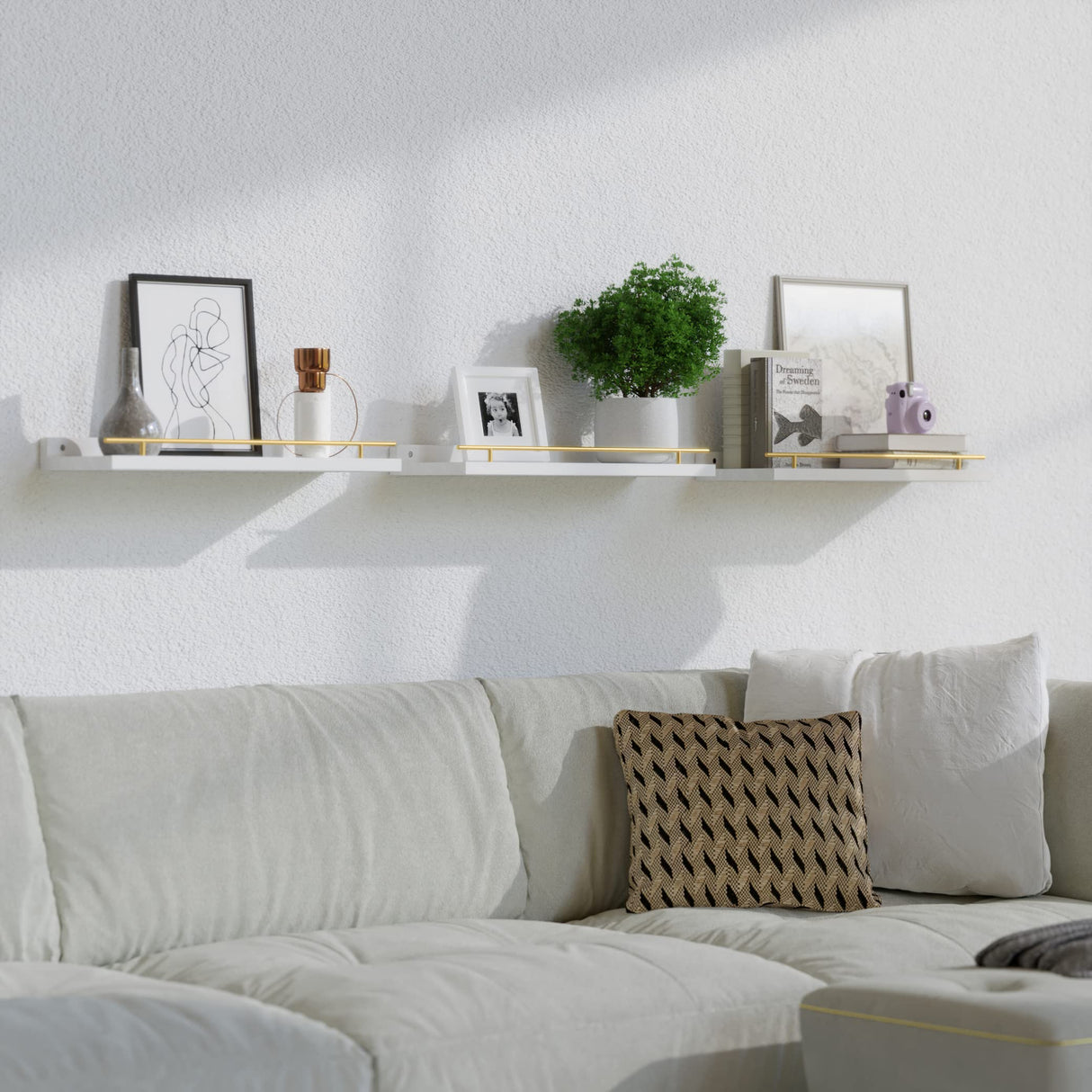 WOPITUES Floating Shelves with Gold Metal Guardrail, Shelves for Wall Decor Set of 3, Wall Shelves for Bedroom, Bathroom, Kitchen, Living Room, Plants, Picture Frames, Art- White and Gold WOPITUES