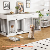 Rophefx 72" Dog Crate Furniture for 2 Dogs, Large Dog Kennel Furniture with 2 Storage Drawers and Removable Divider, Indoor Wooden Dog Cage with 4 Bowls, Dog House TV Stand for Large Dog, White Grey Rophefx