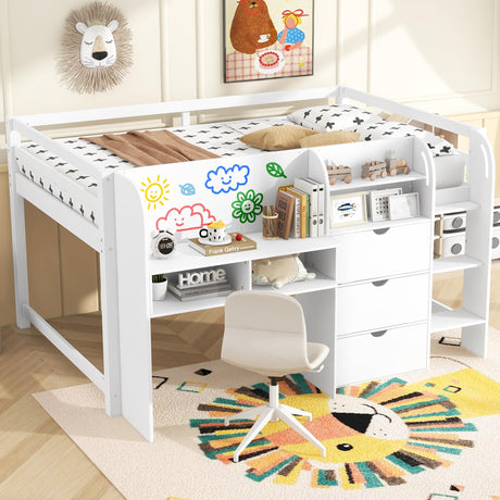 SOFTSEA Full Size Low Loft Bed with Desk & Storage, Solid Wood Loft Bed with Drop-Down Cabinets, Open Shelves & Whiteboard for Kids Juniors Boys Girls, White SOFTSEA
