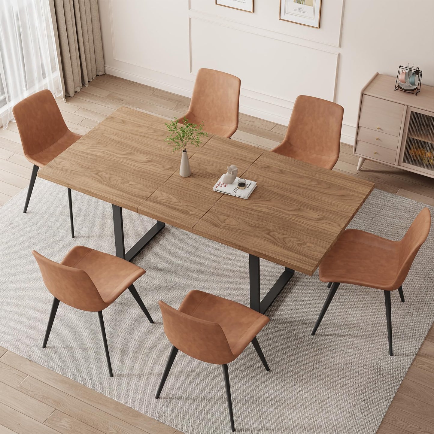 ZckyCine 67" Expandable Walnut Dining Table and 6 Upholstered Chairs, 7-Piece Dining Room Furniture Set, Mid-Century Modern Style for Home, Dining Room and Kitchen