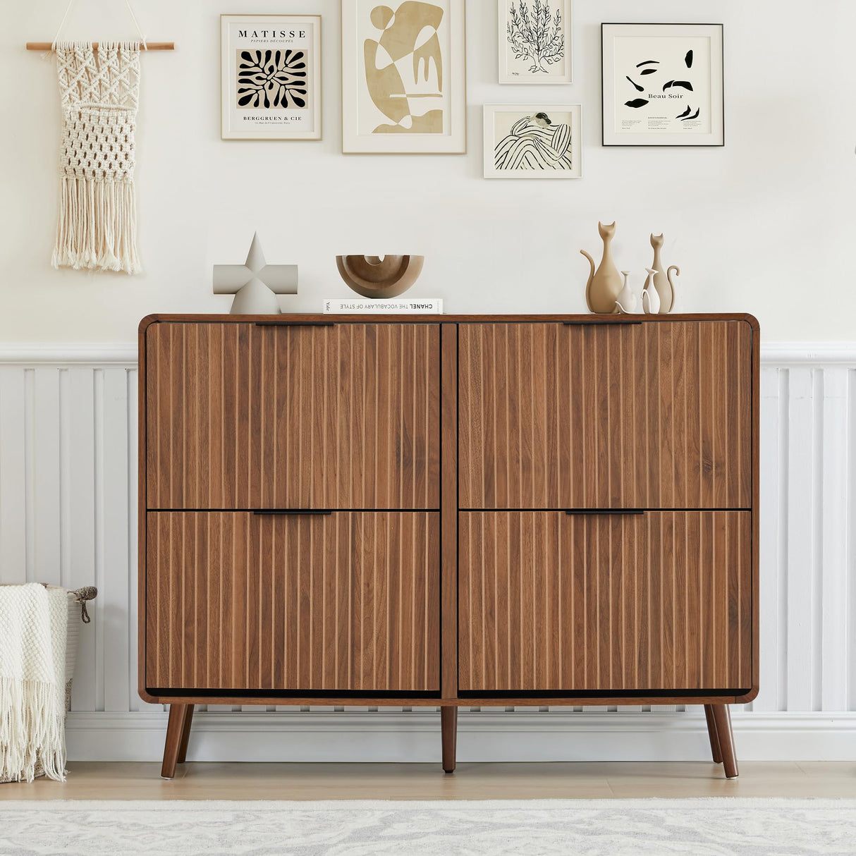 47" Fluted Large Shoe Cabinet with 4 Flip Drawers, Slim Freestanding Shoe Cabinet Organizer, Narrow Shoes Storage Rack for Entryway, 5 Sturdy Legs (All Walnut, 9.45" D x 47.24" W x 35.83" H) FurSch