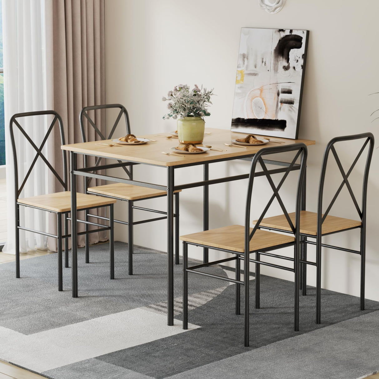 VECELO 5-Piece Kitchen Dining Table Set, Wood Tabletop & Heavy-Duty Metel Frame, Rectangle Dinette with 4 Chairs for Small Space, Breakfast Nook, Natural & Black VECELO