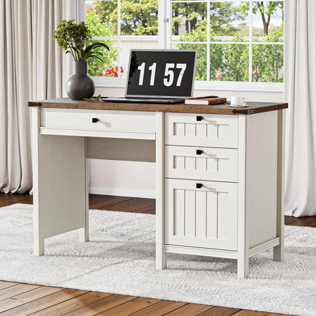 GlowVitaHome Farmhouse Executive Desk 45 inch Wood Computer Desk with 4 Drawers, Smart Charging Station, Home Office & Study Room Essential for Remote Workers, Professionals & Students.Antique White GlowVitaHome