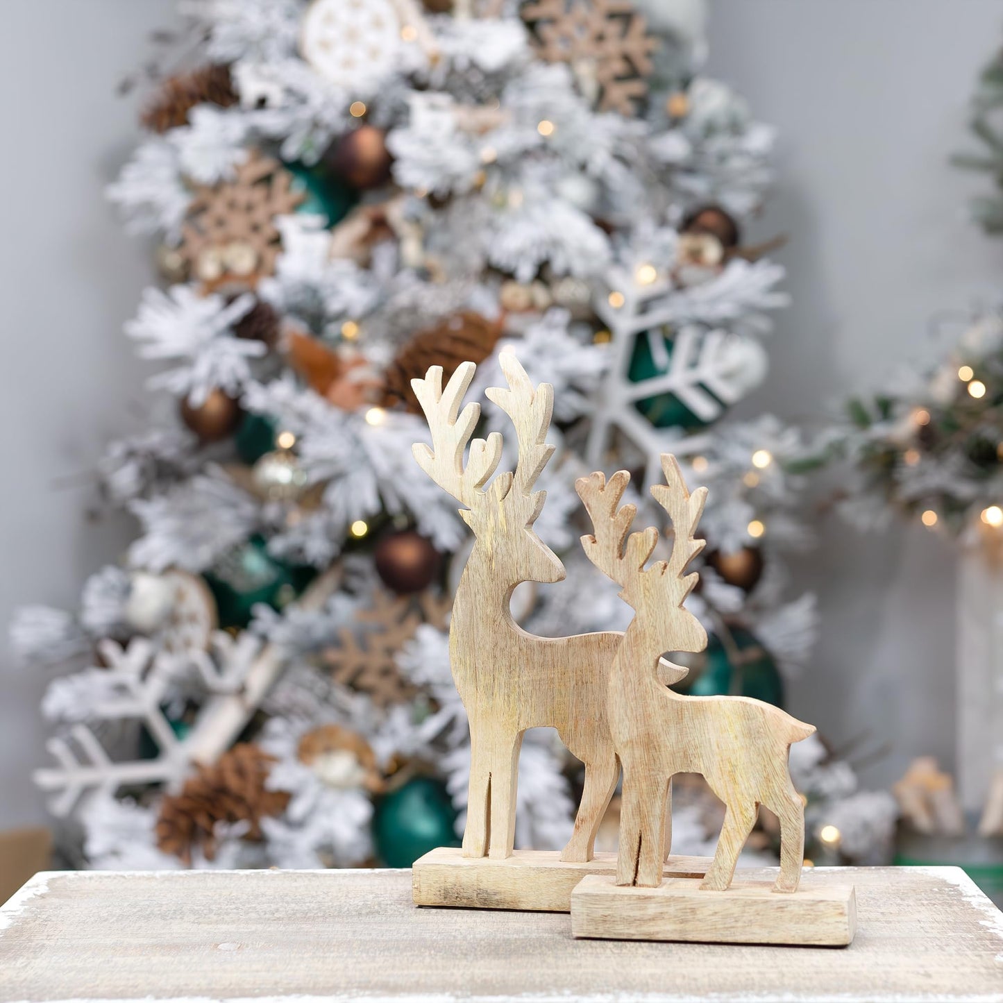 AuldHome Wooden Reindeer Christmas Statues (Set of 2); Primitive Style Mango Wood Holiday Figurines