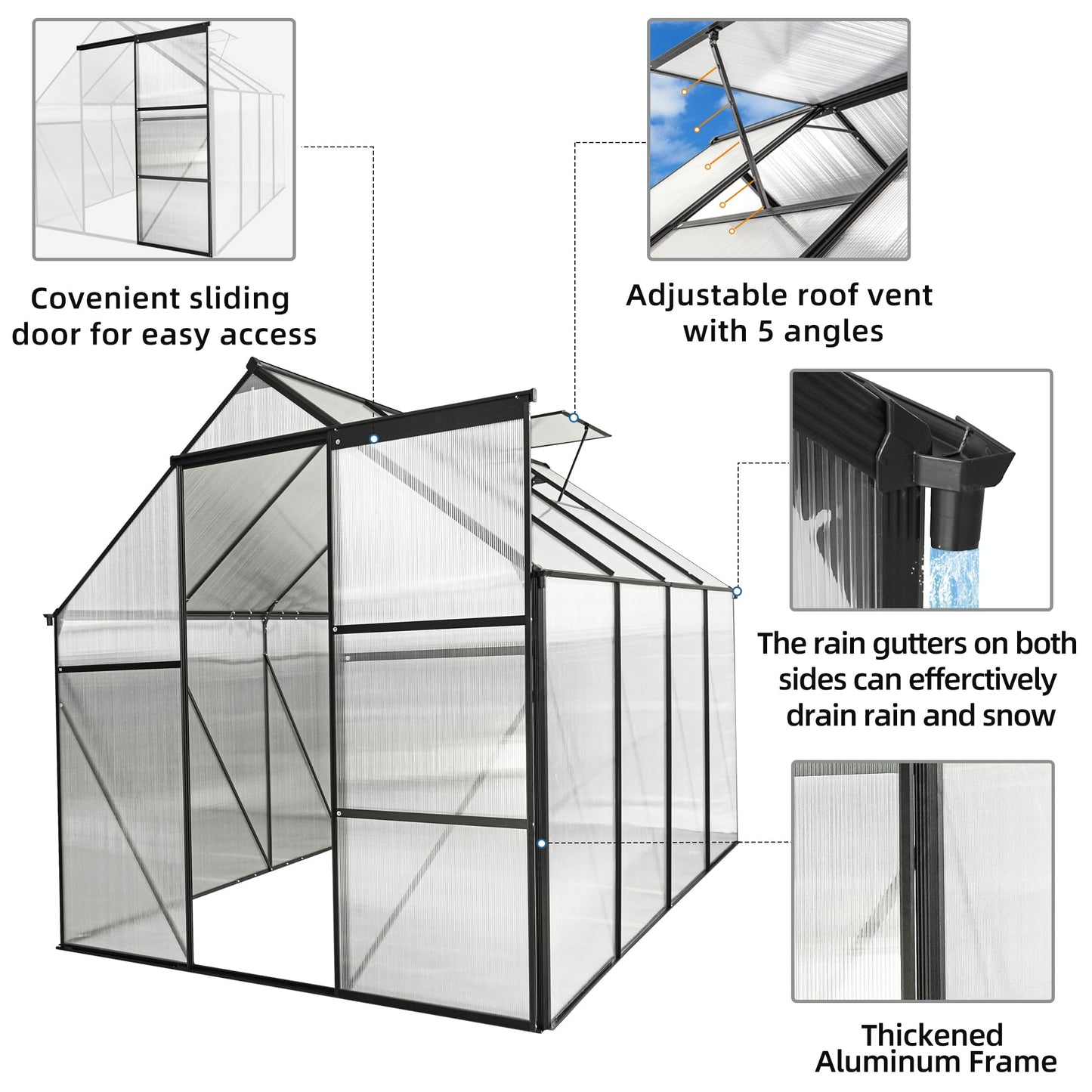 KELRIA 6x8 FT Heavy Duty Walk-in Hobby Greenhouses, Polycarbonate Greenhouse with Sliding Doors and Adjustable Roof Vent, Aluminum Sunroom Green House for Outdoor Garden Backyard, Black - WoodArtSupply