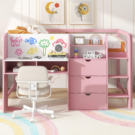 LUMISOL Pink Low Loft Bed with Desk, Storage Shelves and Open Bookcase, Whiteboard, Full Size Loft Bed Frame for Teens Boys Girls, Pink LUMISOL