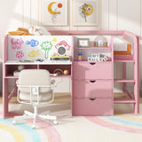 Merax Full Size Low Loft Bed with Built-in Desk,Storage Cabinets and Open Bookcase,Whiteboard for Graffiti,Pink Merax