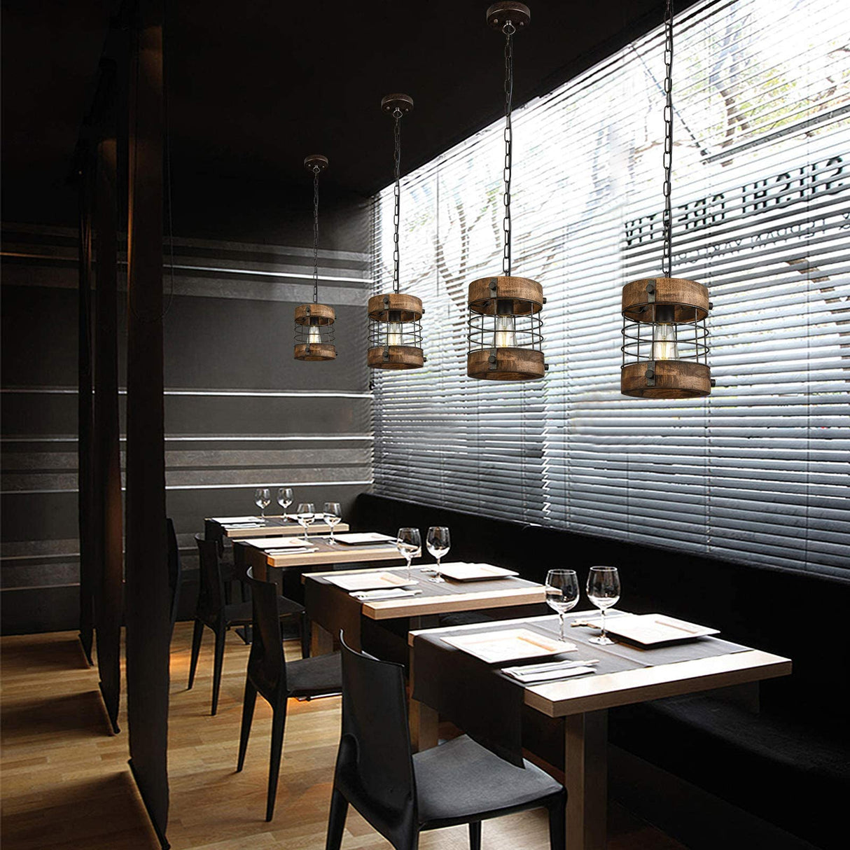 wochos Retro Industrial Metal and Wood Farmhouse Chandeliers, 1-Light Round Cage Pendant Light Fixtures for Farmhouse Kitchen Island Foyer Hallway Bar Dining Room Restaurant, Brown, 2 Pack wochos