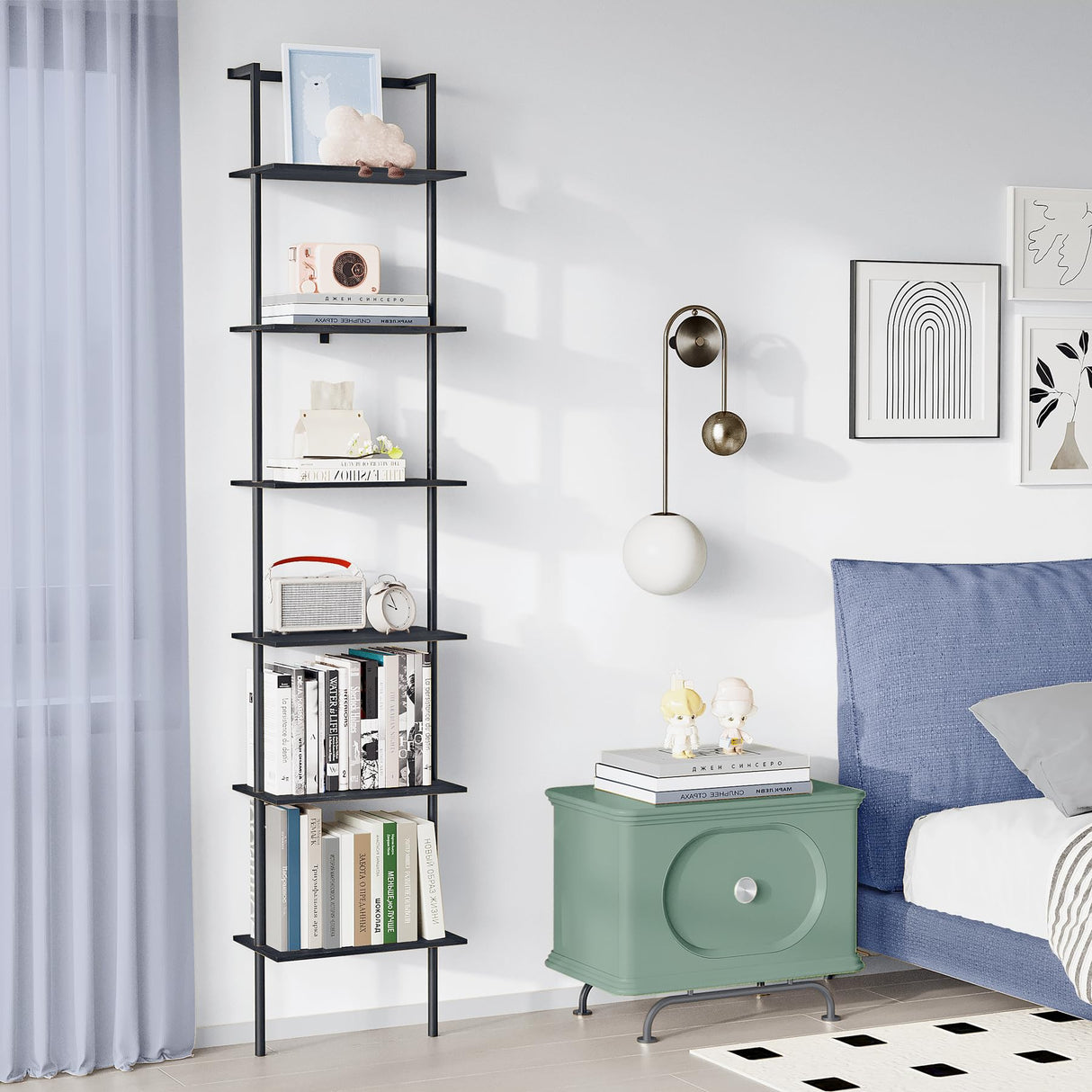 POBOMULI 6-Tier Ladder Shelf, 77 Inches Wall Mounted Ladder Bookshelf with Metal Frame, Wood Tall Open Storage Rack and Display Shelves for Home Office Bedroom Living Room, Black POBOMULI