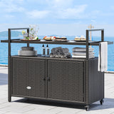 YITAHOME Large Outdoor Kitchen Wicker Island Rolling Cart & Patio Bar Table, w/Wheels and Black Glass Table Top Backyard and Poolside Dark Brown YITAHOME