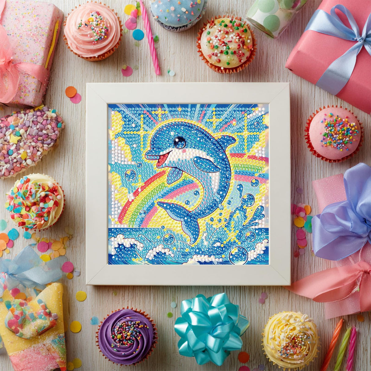 Gemozaic Diamond Art Kits for Kids with Frame, Dolphin Diamond Art for Kids Ages 4-6 for Gift Home Wall Decor (7x7inch) Gemozaic