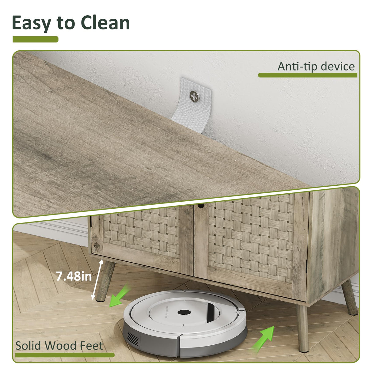 Smart FENDEE Farmhouse Sideboard Cabinet, Buffet Storage Cabinet with Handmade PVC Rattan Decor Doors & Adjustable Shelf, Wood Accent Table Coffee Station for Kitchen, Living Room, Entryway, Grey Oak Smart FENDEE