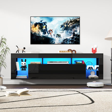 chartustriable 63" Floating High Gloss LED TV Stand for 75" TVs, Wall-Mounted Entertainment Center, Modern Media Console with Open Adjustable Glass Shelf and Hidden Storage Cabinet, Black chartustriable